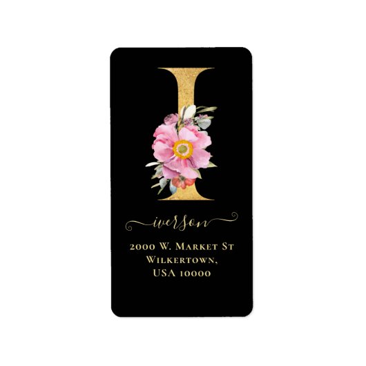 Elegant Gold Monogram I Floral Address Label (Voorkant)