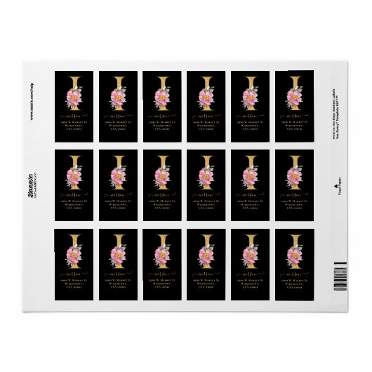 Elegant Gold Monogram I Floral Address Label (Full Sheet)