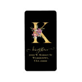 Elegant Gold Monogram k Floral Address Label (Voorkant)