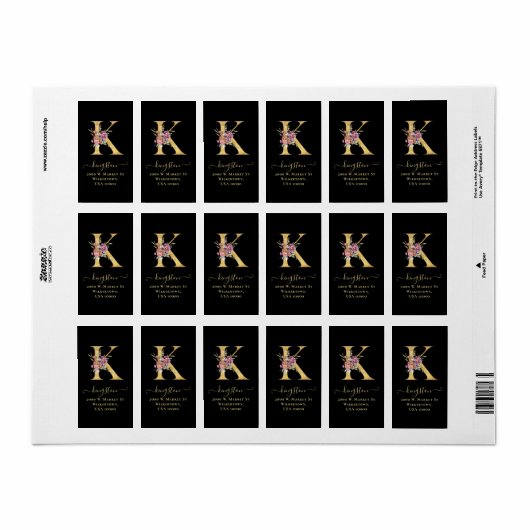 Elegant Gold Monogram k Floral Address Label (Full Sheet)