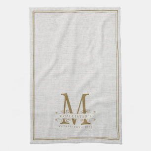 Elegant Gold Monogram Linen Family Vestiging Jaar Theedoek