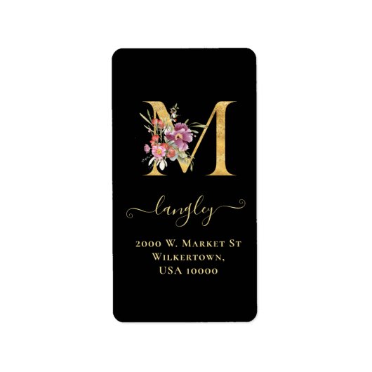 Elegant Gold Monogram M Floral Address Label (Voorkant)
