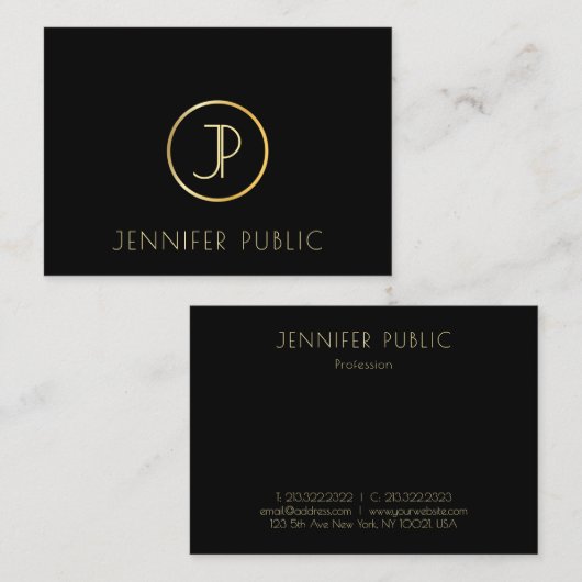 Elegant Gold Monogram Modern Black Sjabloon Bovena Visitekaartje (Voorkant / Achterkant)