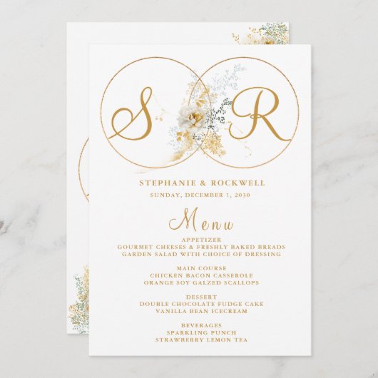 Elegant Gold Monogram Naam Initiaal Wedding Menu (Voorkant / Achterkant)