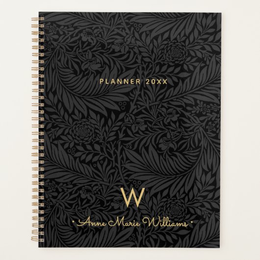 Elegant Gold Monogram Name Black Floral 2026 Planner (Voorkant)
