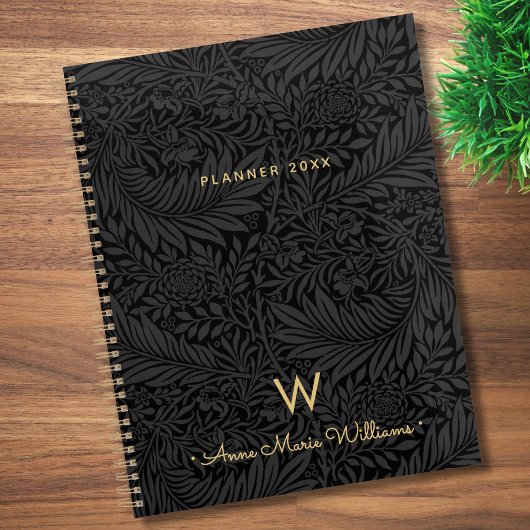 Elegant Gold Monogram Name Black Floral 2026 Planner