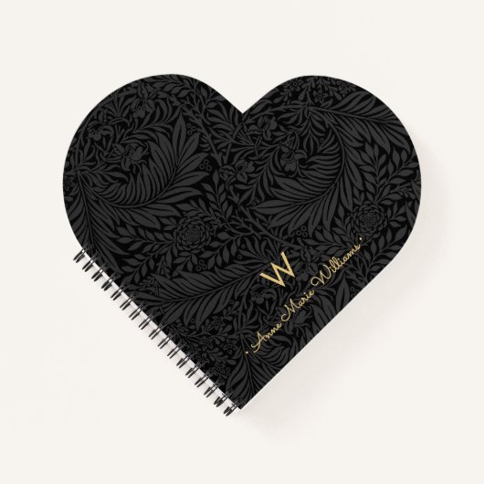Elegant Gold Monogram Name Black Floral Pattern Notitieboek (Voorkant)