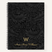 Elegant Gold Monogram Name Black Floral Pattern Notitieboek (Voorkant)
