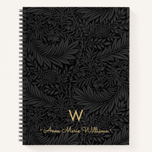Elegant Gold Monogram Name Black Floral Pattern Notitieboek (Voorkant)