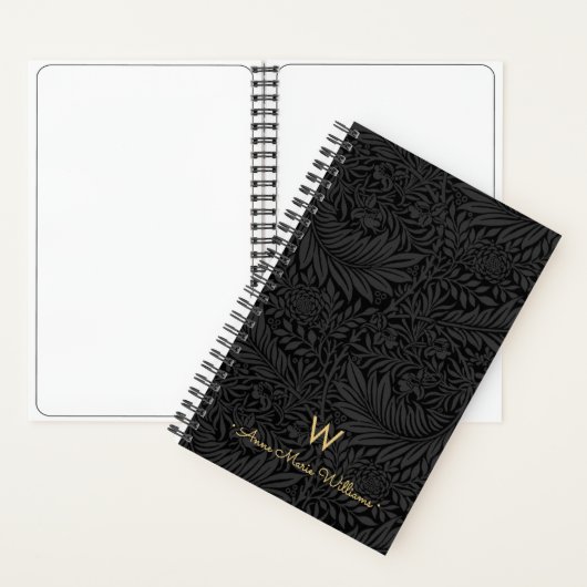 Elegant Gold Monogram Name Black Floral Pattern Notitieboek (Binnen)