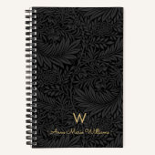 Elegant Gold Monogram Name Black Floral Pattern Notitieboek (Voorkant)