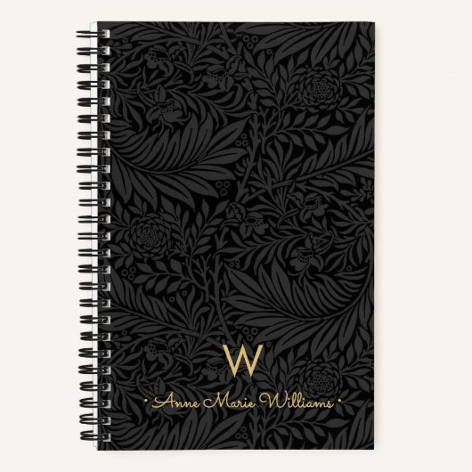 Elegant Gold Monogram Name Black Floral Pattern Notitieboek (Voorkant)