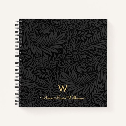 Elegant Gold Monogram Name Black Floral Pattern Notitieboek (Voorkant)