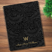 Elegant Gold Monogram Name Black Floral Pattern Notitieboek