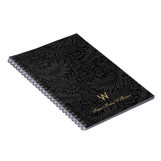 Elegant Gold Monogram Name Black Floral Pattern Notitieboek (Rechterzijde)