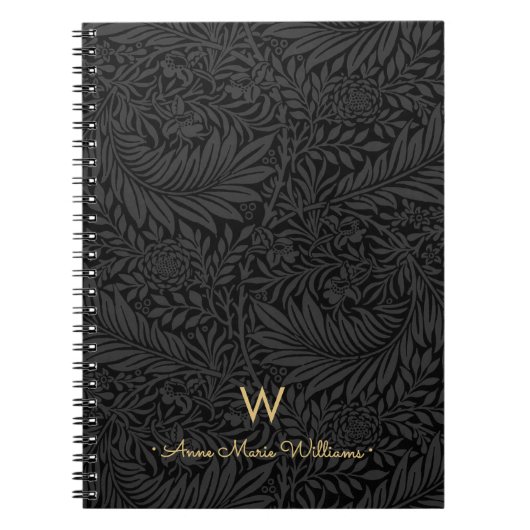 Elegant Gold Monogram Name Black Floral Pattern Notitieboek (Voorkant)