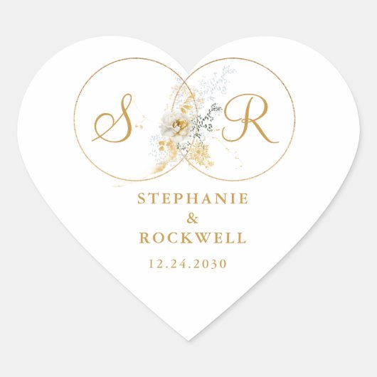 Elegant Gold Monogram Name Initiaal Wedding Heart Hart Sticker (Voorkant)