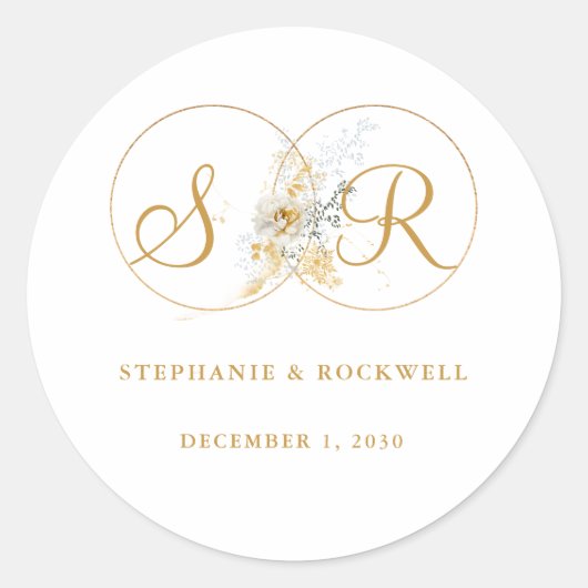 Elegant Gold Monogram Name Initiaal Wedding Ronde Sticker (Voorkant)