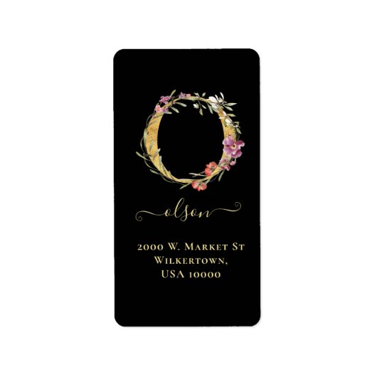 Elegant Gold Monogram O Floral Address Label (Voorkant)