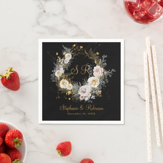 Elegant Gold Monogram op zwart bruiloft papier Servet (Insitu)