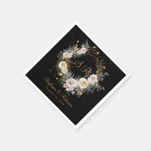 Elegant Gold Monogram op zwart bruiloft papier Servet (Hoek)