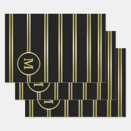 Elegant gold Monogram op zwart Inpakpapier Vel