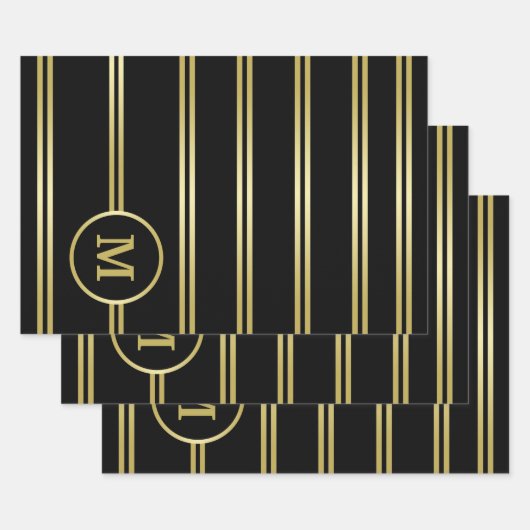 Elegant gold Monogram op zwart Inpakpapier Vel (Set)