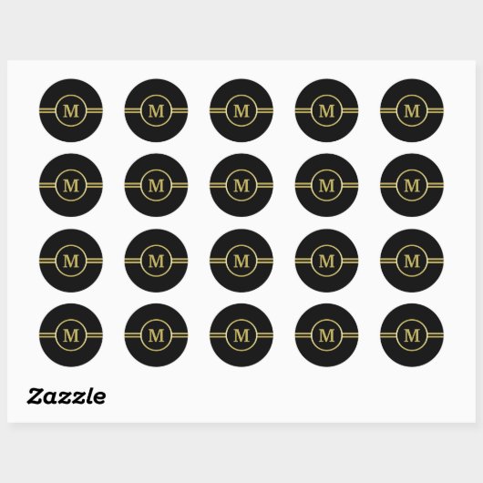 Elegant gold Monogram op zwart Ronde Sticker (Vel)