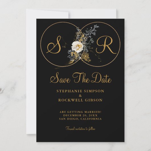 Elegant Gold Monogram op zwarte bruiloft Save The Date (Voorkant)