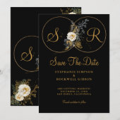 Elegant Gold Monogram op zwarte bruiloft Save The Date (Voorkant / Achterkant)