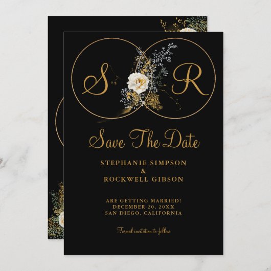 Elegant Gold Monogram op zwarte bruiloft Save The Date (Voorkant / Achterkant)