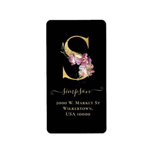 Elegant Gold Monogram S Floral Address Label (Voorkant)