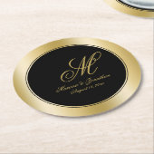 Elegant Gold Monogram Script Black Weddenschap Ronde Kartonnen Onderzetter (Gebogen)