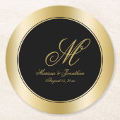 Elegant Gold Monogram Script Black Weddenschap Ronde Kartonnen Onderzetter (Voorkant)