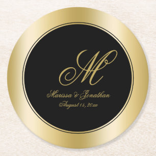 Elegant Gold Monogram Script Black Weddenschap Ronde Kartonnen Onderzetter