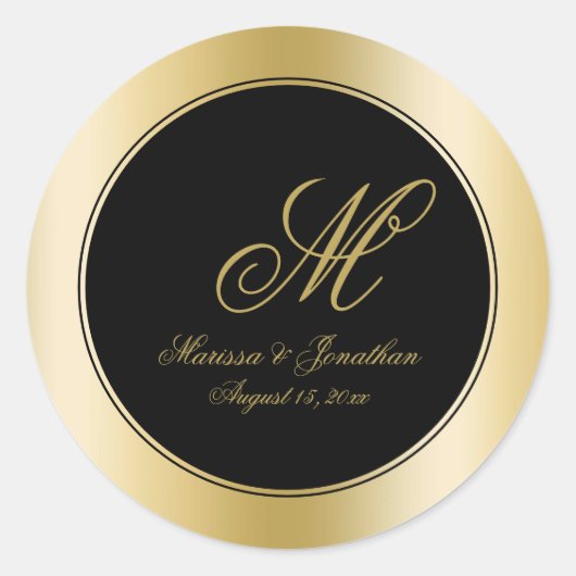 Elegant Gold Monogram Script Black Weddenschap Ronde Sticker (Voorkant)