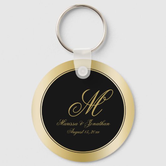 Elegant Gold Monogram Script Black Weddenschap Sleutelhanger (Voorkant)