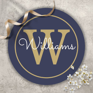Elegant Gold Monogram Script Name Navy Blue Ronde Sticker
