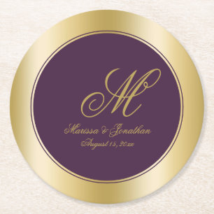 Elegant Gold Monogram Script Plum Paars Wedding Ronde Kartonnen Onderzetter