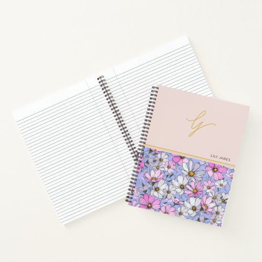 Elegant Gold Monogram Script Roze Blauwe Bloemen Notitieboek (Binnen)