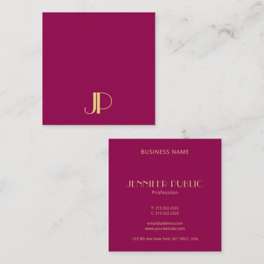 Elegant Gold Monogram Sjabloon Modern Viva Magenta Vierkante Visitekaartje (Voorkant / Achterkant)