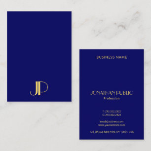 Elegant Gold Monogram Sjabloon Navy Blue Vertical Visitekaartje