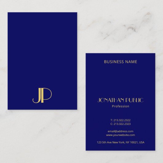 Elegant Gold Monogram Sjabloon Navy Blue Vertical Visitekaartje (Voorkant / Achterkant)