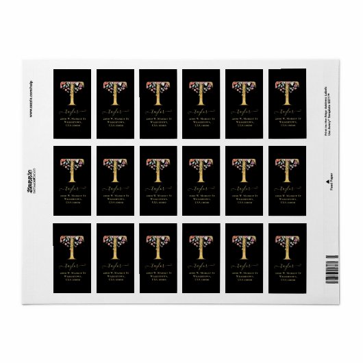 Elegant Gold Monogram T Floral Address Label (Full Sheet)