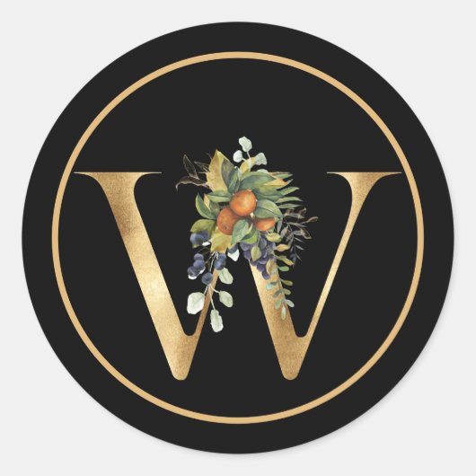 ELEGANT Gold MONOGRAM W MET VRUCHTEN EN STROMEN Ronde Sticker (Voorkant)
