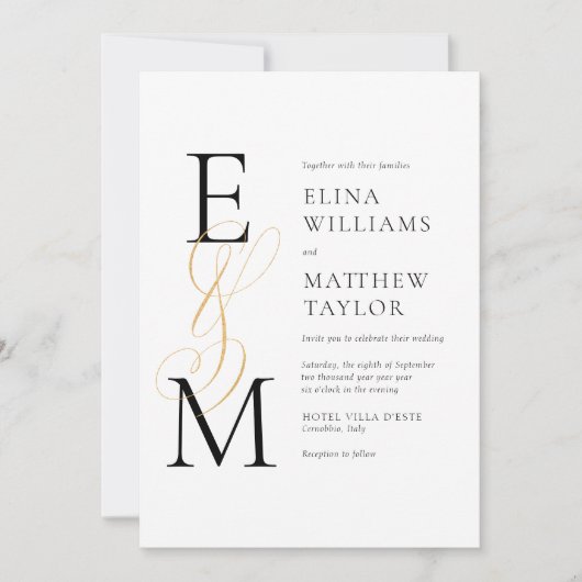 Elegant Gold Monogram Wedding Invite met RSVP Kaart (Voorkant)