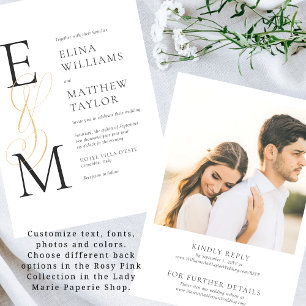 Elegant Gold Monogram Wedding Invite met RSVP Kaart