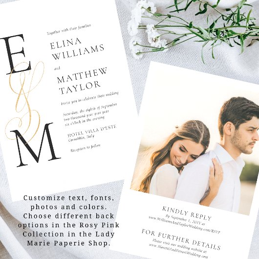 Elegant Gold Monogram Wedding Invite met RSVP Kaart