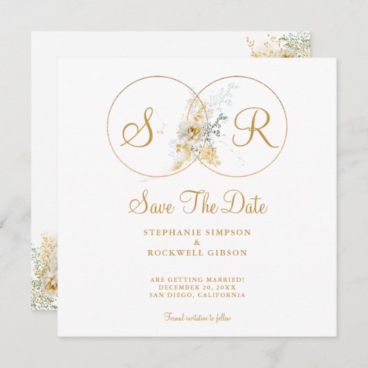Elegant Gold Monogram Wedding Save the Date (Voorkant / Achterkant)