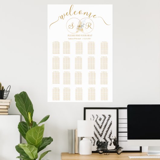 Elegant Gold Monogram Wedding Seding Chart Poster (Thuiskantoor)